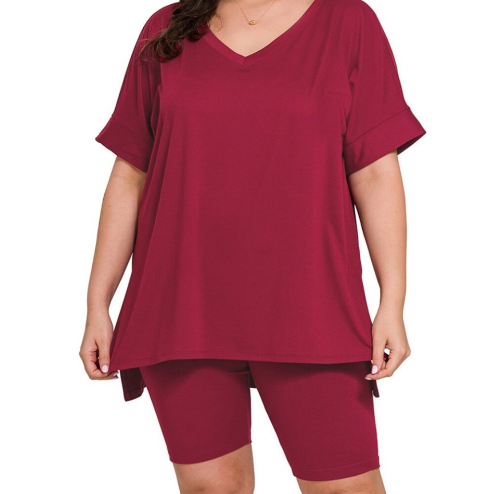 #410 PLUS BRUSHED  MICROFIBER V-NECK HI-LOW HEM TOP & BIKER SHORTS SET